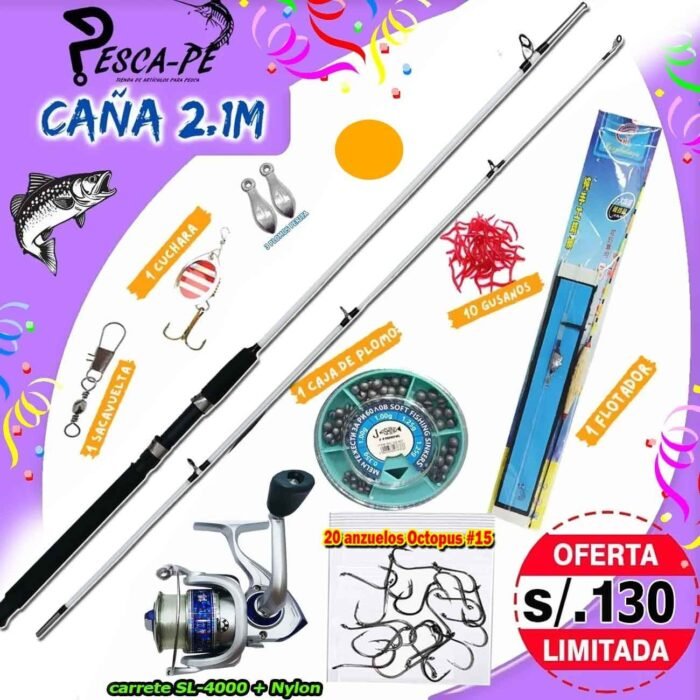 0Kit Cana de Pescar 2.10m Crocodile Black Carrete SL 4000 Nylon con Accesorios Rios lagos