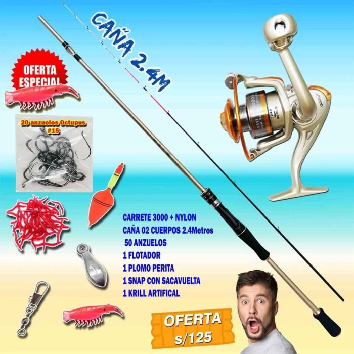 Combo cana Trucha Spinning 2.4m Gold Fibra de Vidrio Carrete 3000