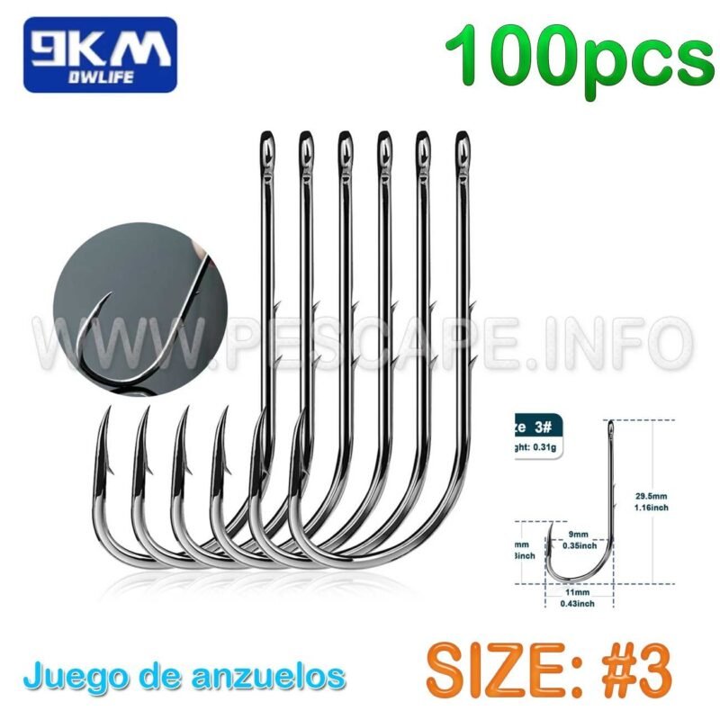 Kit de Anzuelos de pesca de 9KM Largos con puas size 3 Gap 9mm 100pcs