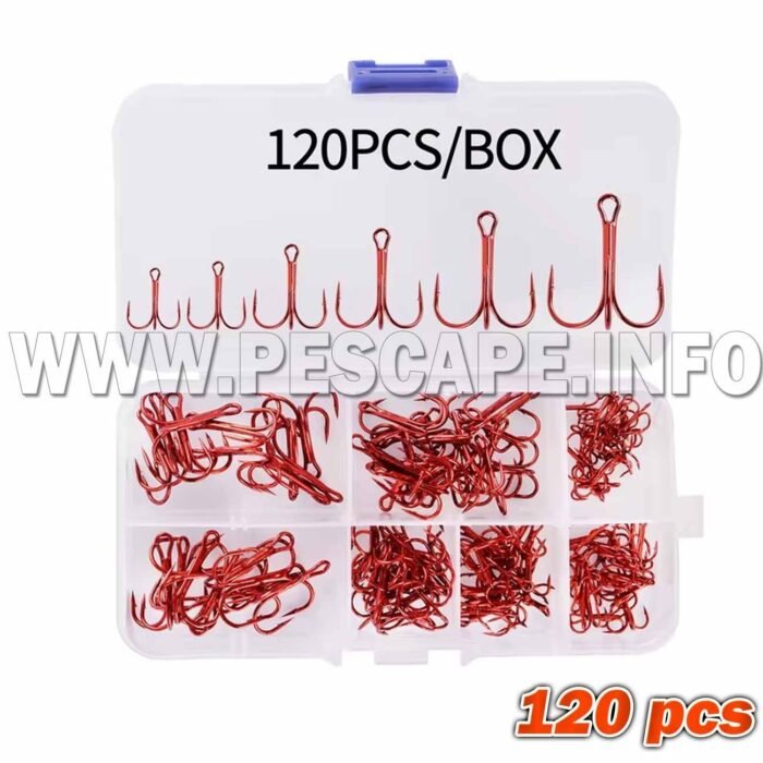 Set Anzuelos de pesca triples 120 unidades acero alto de carbono Rojo